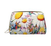 BREAUX Bolsa de cosméticos portátil de piel con estampado de margaritas florales de verano, bolsa de cosméticos portátil, bolsa de cosméticos de cuero (pequeña), Blanco, Talla única