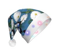 BREAUX Sombreros de Papá Noel con estampado de mariposas azules y flores blancas para adultos, sombrero de Navidad de franela con luces LED, sombreros de Papá Noel para fiestas de vacaciones