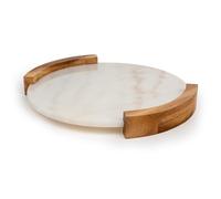 Bredemeijer Bandeja Redonda Grande de 35 cm de diámetro, Bandeja de mármol con 2 Asas Laterales de Madera, Ideal para Servir Bebidas y Aperitivos