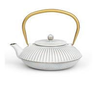 Bredemeijer tetera asiática plana blanca de inducción 1,1 litros - pequeña tetera esmaltada de hierro fundido con filtro de té de acero inoxidable
