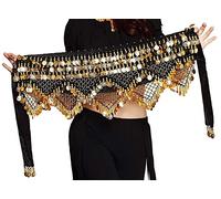 Breevo Belly Dance - Bufanda de cadera para mujer con monedas doradas - Negro - Small/Medium