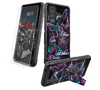 BREIDMKFM Funda para AT&T Motivate Max U668AA/Cricket Ovation 3 con protector de pantalla de vidrio templado, funda de teléfono resistente con soporte integrado para Cricket Ovation 3, mariposa rosa y