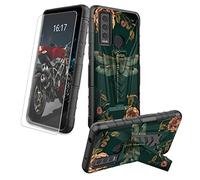 BREIDMKFM Funda para AT&T Motivate Max U668AA/Cricket Ovation 3 con protector de pantalla de vidrio templado, funda resistente con función atril integrado para Cricket Ovation 3, libélula y rosas