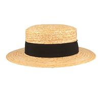 Breiter Sombrero Canotier Sombrero de Gondolero Verano Boater Sol 100% Paja con Cinta Grogrén Negra, ala 6 cm de Ancho, Beige, L 58-59
