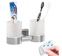 bremermann Bad-Serie Lucente Tape - Soporte doble para vasos de cristal, autoadhesivo, cristal y acero inoxidable, acabado brillante, sin agujeros, fijación adhesiva 3M