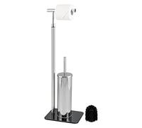 bremermann Escobillero de inodoro 2 en 1, soporte para ruedas, acero inoxidable con base de cristal