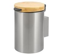 bremermann papelera redonda cosméticos con tapa de bambú incl. soporte de pared, papelera con fijación de 2 vías, papelera para pegar o taladrar, 3 litros de capacidad, acero inoxidable