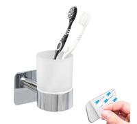 bremermann Set de baño Lucente Tape - Portavasos, vaso para cepillos de dientes autoadhesivo de cristal y acero inoxidable, cromado, sin agujeros, fijación adhesiva 3M
