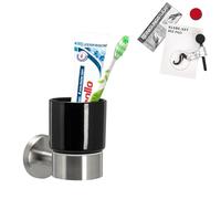 bremermann Set de baño Piazza - Portavasos, portavasos para cepillos de dientes, incluye juego adhesivo y soporte de pared, soporte para cepillo de dientes de cerámica negra y acero inoxidable mate