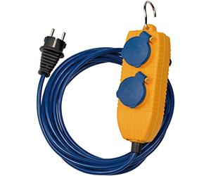 Brennenstuhl Cable alargador con Distribuidor de 4 vías (Cable de alimentación de 5 m en Azul para Uso a Corto Plazo en Exteriores, IP54, con Gancho metálico Plegable)