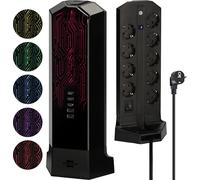 Brennenstuhl Gaming Torre Enchufes Vertical de 9 vías con USB y Control de luz RGB (con protección contra sobretensión, Cable de 2 m, 3X USB C con máx. 45W PD, 2X USB A e Interruptor)
