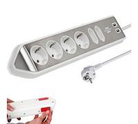 Brennenstuhl regleta de enchufes en Forma Esquina con 6 Tomas de Corriente y USB (4X Tomas de Corriente, 2X Euro, 2X Carga USB, Superficie de Acero Inoxidable) Plateado/Blanco