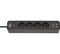 Brennenstuhl Regleta Ecolor con USB y 4 enchufes (regleta con 2 Puertos USB, Brazo y Cable de 1,5 m), Color Negro