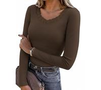 Bresdk Camiseta Térmica Mujer Invierno Algodón con Encaje Tejido de Felpa Camiseta Interior Manga Larga Ajustada Cálida con Cuello en V para Casa, Oficina, Uso Diario Marrón S