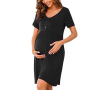 Bresdk Camisón Premamá Mujer con Botón Camisones de Lactancia de Maternidad Manga Corta Verano, Negro, XXL