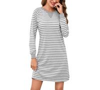 Bresdk Camisones de Mujer Invierno Algodon Manga Larga Camisón Corto de Rayas y Manga Largos Cuello Redondo Suave y Ligero S-3XL