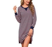 Bresdk Camisones de Mujer Invierno Algodon Manga Larga Camisón Corto de Rayas y Manga Largos Cuello Redondo Suave y Ligero S-3XL