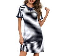 Bresdk Camisones de Mujer Verano Algodon Manga Corta Camisón Corto de Rayas en Cuello Redondo Ropa de Dormir Suave y Ligero S-3XL