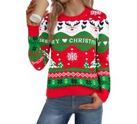 Bresdk Jersey Navideño Mujer Suéter Navidad de Punto Ugly Christmas Sweater de Reno Invierno Ropa Cuello Redondo para Familiares, Fiesta, Oficina Verde-A M