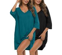 Bresdk Pack de 2 Camisetas de Dormir para Mujer, Camisón de Manga Corta con Escote en V, Sleepshirt Amplio, Tallas Grandes, Vestido de Noche Cómodo, Negro Azul, M