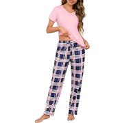 Bresdk Pijama Mujer Invierno Algodón Conjunto de Pijamas Manga Corta Tops con Largos Pantalones a Cuadros Ropa de Dormir con Bolsillos S-3XL Rosa-B XL