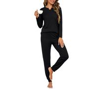 Bresdk Pijama Mujer Invierno Conjunto Pijama Largo con Bolsillos Pijamas Mujer Manga Larga Cuello en V Cómodo Ropa de Dormir Pjs Lounge Wear para Casa, Viaje o Regalo Negro-B S
