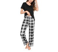 Bresdk Pijama Mujer Verano Algodón - Conjunto de Pijama de Manga Corta y Pantalones Largo para Dormir con Bolsillos y Cordón