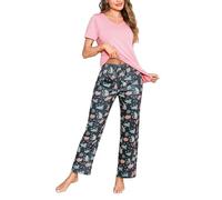 Bresdk Pijama Mujer Verano Invierno - Conjunto de Pijama Manga Corta para Mujer y a Cuadros Pantalones Largo Algodón - 2 Piezas Ropa de Dormir | Casual,Suave,Comodo