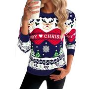 Bresdk Suéter Navidad Mujer Divertido Invierno Jerseys Navideño de Punto con Copos de Nieve y Reno Ugly Christmas Sweater para Mamá Esposa Hija Amiga Azul-A XL