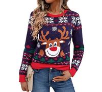 Bresdk Suéter Navidad Mujer Invierno Jerseys Navideño de Punto con Copos de Nieve y Reno Ugly Christmas Sweater para Mamá Esposa Hija Amiga Azul L