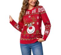 Bresdk Suéter Navidad Mujer Invierno Jerseys Navideño de Punto con Copos de Nieve y Reno Ugly Christmas Sweater para Mamá Esposa Hija Amiga Rojo S