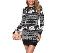 Bresdk Vestido Navidad Mujer de Punto Invierno Vestidos de Suéter Slim Fit con Copos de Nieve y Reno Ugly Christmas Sweater para Familiares, Fiesta, Oficina Negro L
