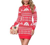 Bresdk Vestido Navidad Mujer de Punto Invierno Vestidos de Suéter Slim Fit con Copos de Nieve y Reno Ugly Christmas Sweater para Familiares, Fiesta, Oficina Rojo L