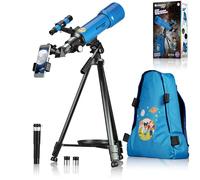 Bresser Junior 70/400 - Telescopio para niños a Partir de 8 años, astronomía Principiantes, telescopio con Mochila, Accesorios y Soporte para Smartphone, Cielo Nocturno Azul