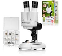 Bresser Junior Microscopio para Niños 20x Binocular con LED para Naturaleza | Luz incidente, 12 muestras minerales, Visión 3D, Distancia ocular regulable, Funciona con pilas, Para insectos y monedas