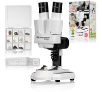 Bresser Microscopio estéreo Junior blanco | Luz incidente y transmitida, 12 muestras minerales, 5 preparaciones, Visión binocular, Distancia ocular regulable, A pilas