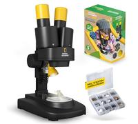 Bresser National Geographic 9119000 Microscopio Estéreo 20x, Negro | Distancia ocular ajustable, 12 muestras minerales, Funciona con pilas, Para observar plantas, insectos y monedas