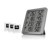 Bresser Quadro NV Termómetro higrómetro digital con 3 sensores grises | Medidor de temperatura y humedad, uso en interior y exterior, 4 zonas, smiley, memoria Min Max, alarma, alcance 80 m