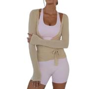 BreWel - Blusa envolvente de ballet para mujer, con atadura cruzada, manga larga, cuello en V profundo, ajustada para yoga, entrenamiento, pilates (Caqui, S)