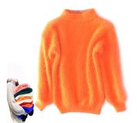 BreWel Señora Invierno Angora Mezcla de Cachemira Suéter Suelto y Cálido Casual Grueso Cuello Alto de Lana Color Sólido Cuello Redondo Jersey de Punto (Talla Única, Naranja)
