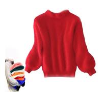 BreWel Señora Invierno Angora Mezcla de Cachemira suéter Suelto y cálido Casual Grueso Cuello Alto de Lana suéter de Color sólido Cuello Redondo Jersey de Punto suéter (Talla única,Rojo)