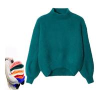 BreWel Señora Invierno Angora Mezcla de Cachemira Suéter Suelto y Cálido Casual Grueso Cuello Alto de Lana Color Sólido Cuello Redondo Jersey de Punto (Talla Única, Verde)