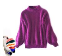 BreWel Señora Invierno Angora Mezcla de Cachemira suéter Suelto y cálido Casual Grueso Cuello Alto de Lana suéter de Color sólido Cuello Redondo Jersey de Punto suéter (Talla única,Violeta)