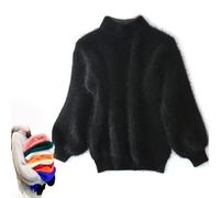 BreWel Señora Invierno Angora Mezcla de Cachemira suéter Suelto y cálido Casual Grueso Cuello Alto de Lana suéter de Color sólido Cuello Redondo Jersey de Punto suéter (Talla única,Negro)