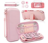 BRHE - Juego de funda y accesorios rosas de viaje para Switch Lite, funda protectora dura con soporte, protector de pantalla, tapas de agarre para pulgar, 9 en 1