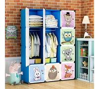 BRIAN & DANY Armario de ropa de dibujos animados, organizador modular de almacenamiento, resistente y seguro para niños, 8 cubos y 2 secciones colgantes, azul, 110 x 47 x 147 cm