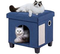 BRIAN & DANY Casa Gato, Cueva para Gatos de Interior, Cama Plegable para Gatos con Tabla Rascador y Pelota de Juego, Taburete con Patas de Madera, 37 x 31,8 x 36 cm, Azul