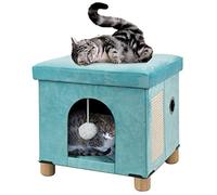 BRIAN & DANY Casa Gato, Cueva para Gatos de Interior, Cama Plegable para Gatos con Tabla Rascador y Pelota de Juego, Taburete con Patas de Madera, 37,5 x 32,5 x 36 cm, Verde