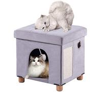 BRIAN & DANY Casa Gato, Cueva para Gatos de Interior, Cama Plegable para Gatos con Tabla Rascador y Pelota de Juego, Taburete con Patas de Madera, 37 x 31,8 x 36 cm, Gris Claro
