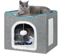 BRIAN & DANY Casa para Gatos Plegable y Lavable a Máquina, Cubo de Gato con Rascador para Gatos y Bola Mullida, 40 x 40 x 32 cm, Gris